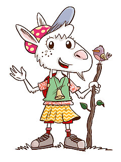 Diese Illustration zeigt Saani frontal in Wanderschuhen. In der linken Hand hält sie einen Wanderstock auf welchem ein Spatz sitzt.