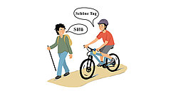 Farbige Illustration mit Mountainbikefahrer und Wanderer in der Natur vom Saanenland.