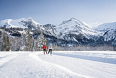  Deux personnes font du ski de fond au milieu d’un paysage de montagne spectaculaire.