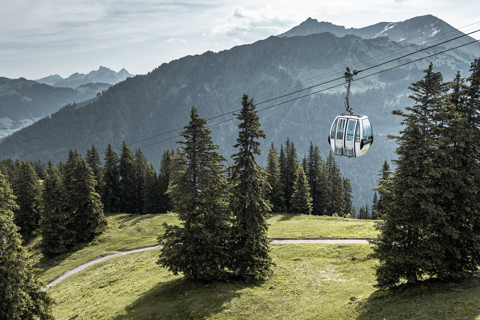 Eine Gondelbahnkabine fährt durch einen Wald und überquert einen Fahrweg, im Hintergrund Berge.