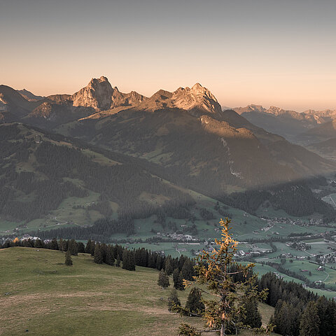 Sicht vom Hornberg auf das herbstliche und im Abendrot liegende Saanenland.