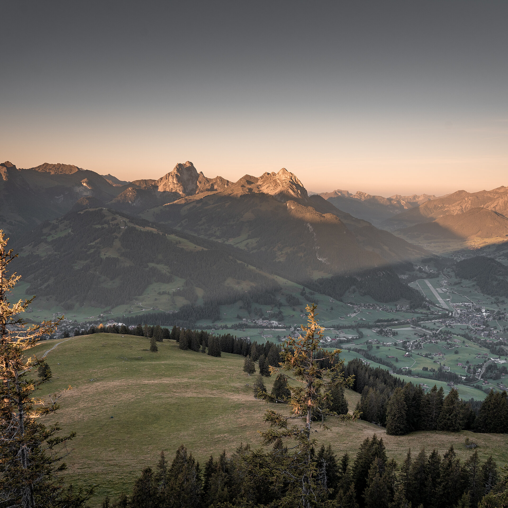 Sicht vom Hornberg auf das herbstliche und im Abendrot liegende Saanenland.