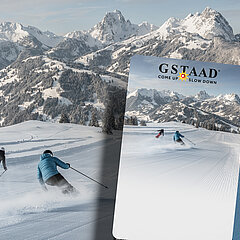 Picture of skiers on a piste and two mountain railroad tickets.